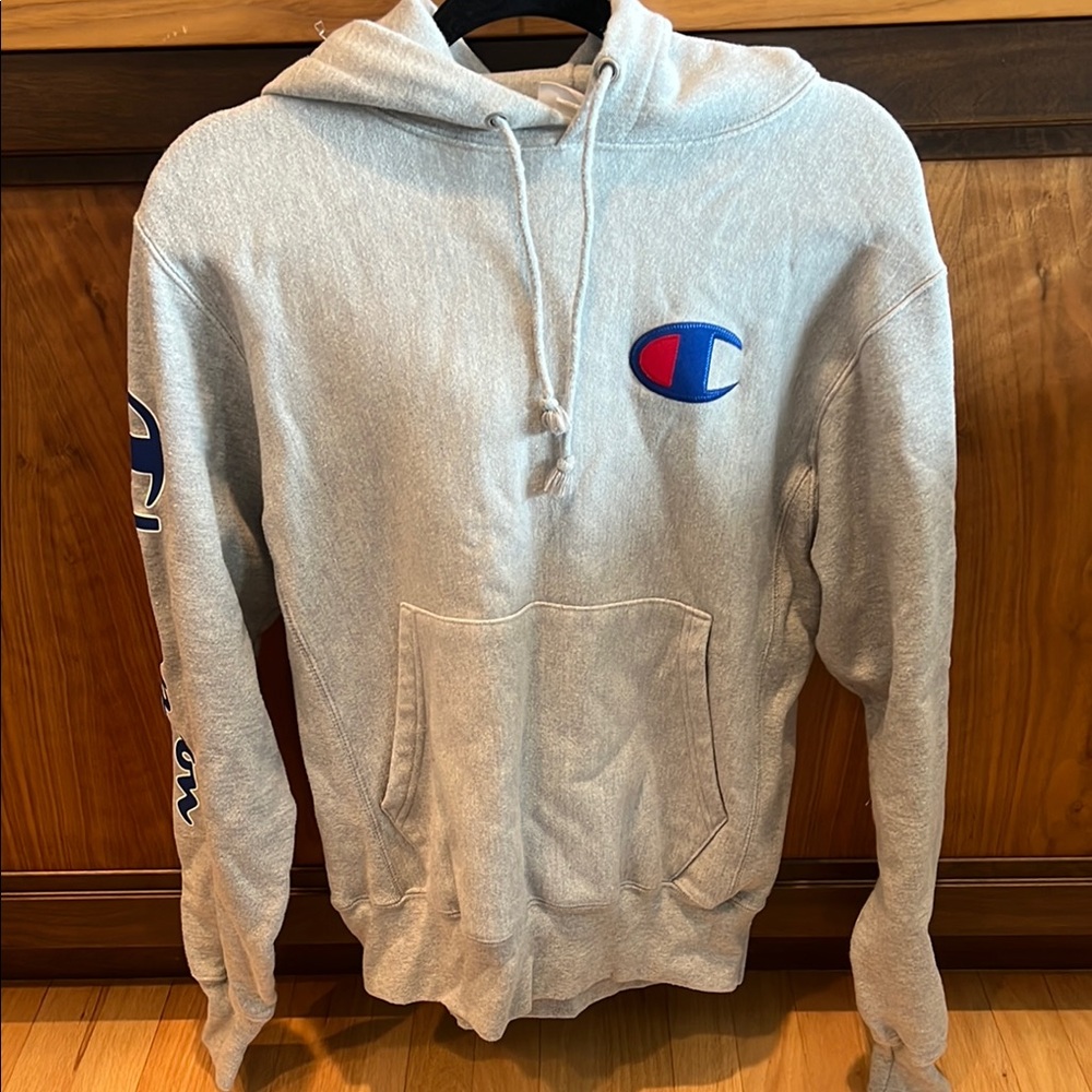 Champion Light Gray Hoodie with Blue and Red Logo
